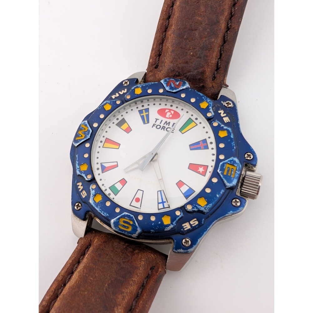 Time Force Watch Men 43mm Case Flags Brown Leather Band- New Battery